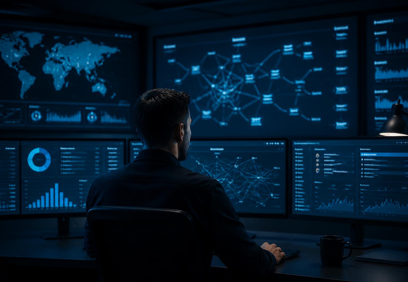 Security operations analyst monitoring network dashboards
